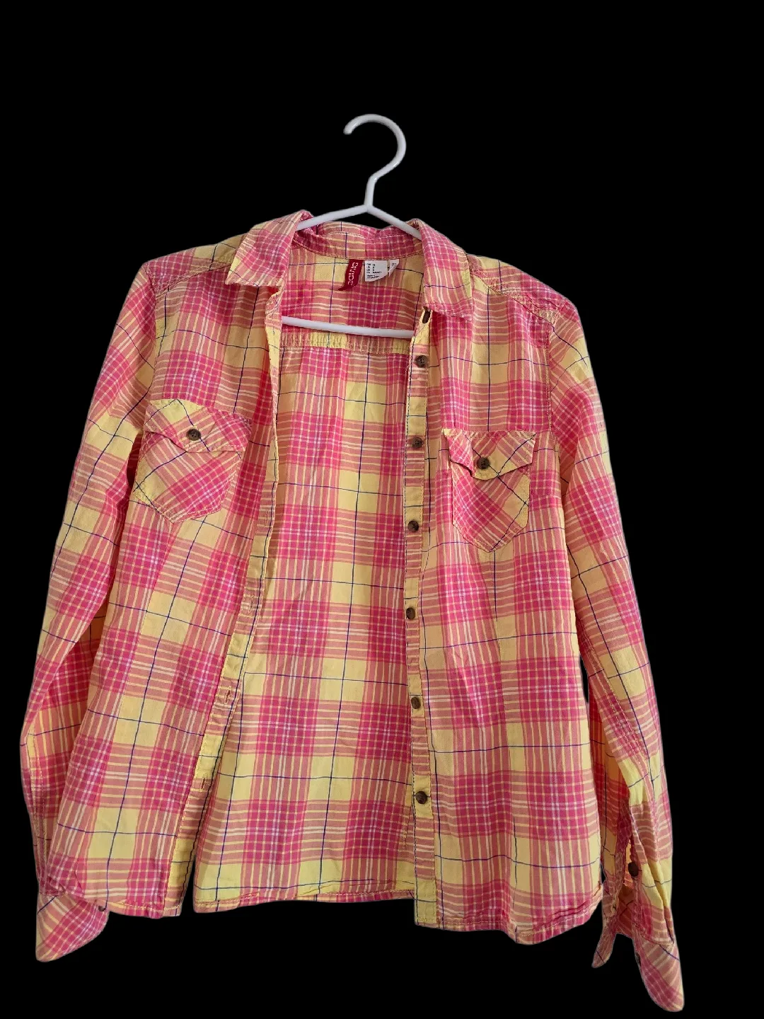 H&M Pink & Yellow Plaid Flannel - Size Small thumbnail
