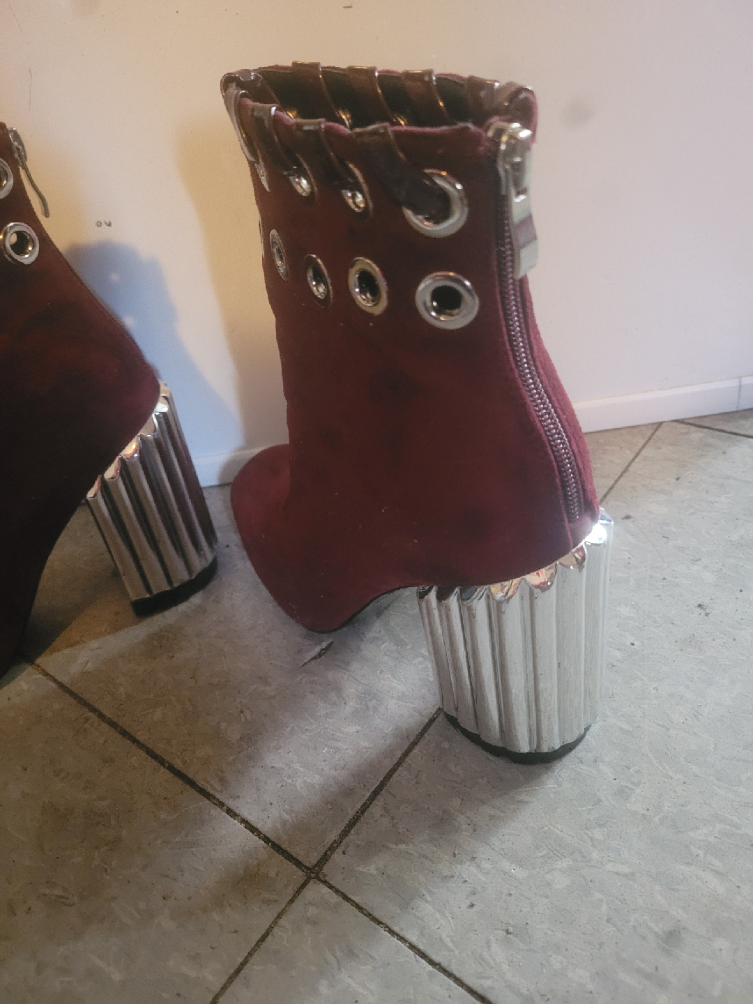 Burgundy Ankle Boots with Silver Heel