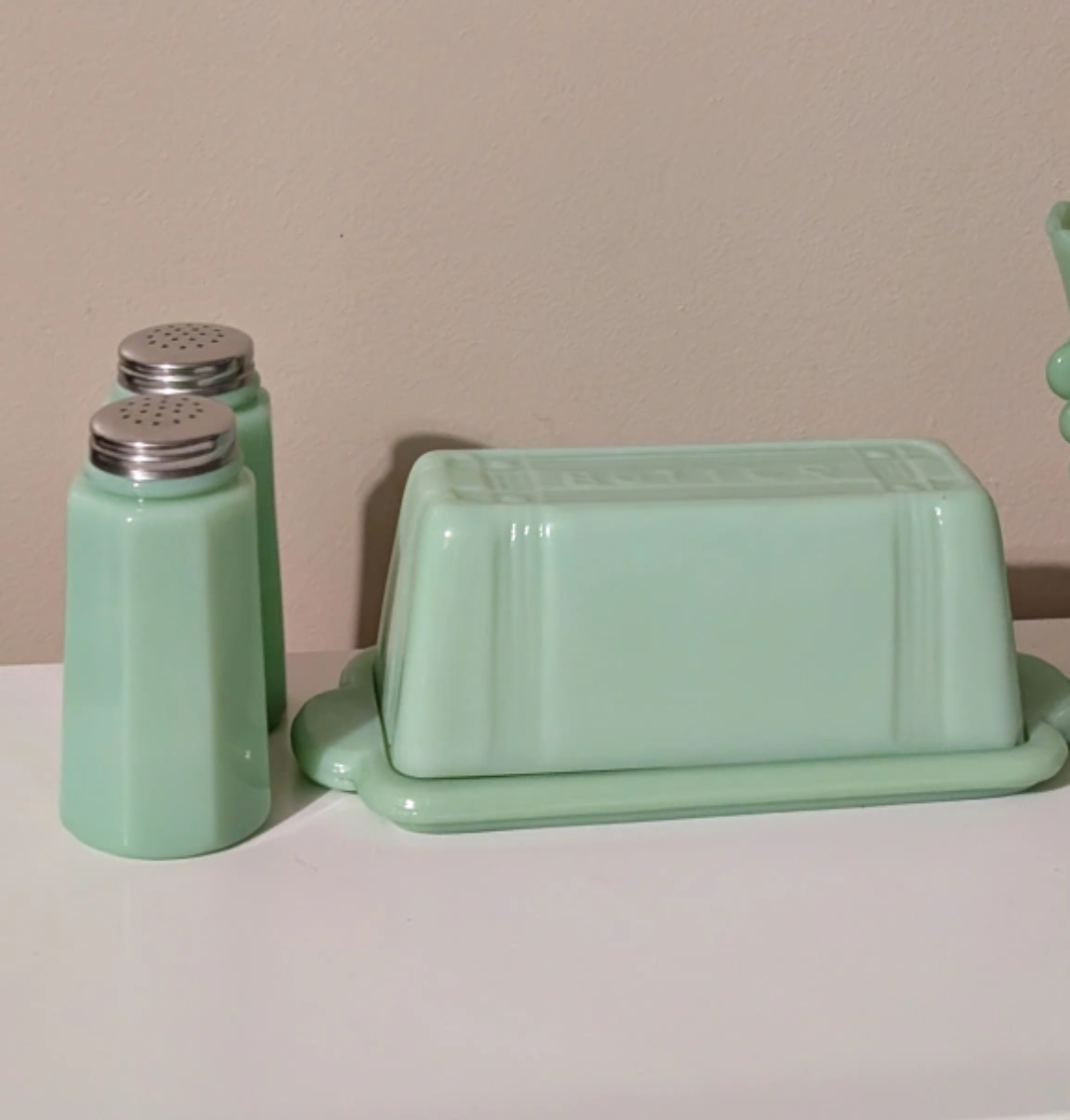 Vintage Green Salt and Pepper Shakers, Butter Dish