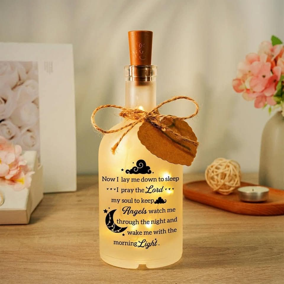 New~Night Light Frost Glass Bottle W Bedtime Prayer, Led Lights