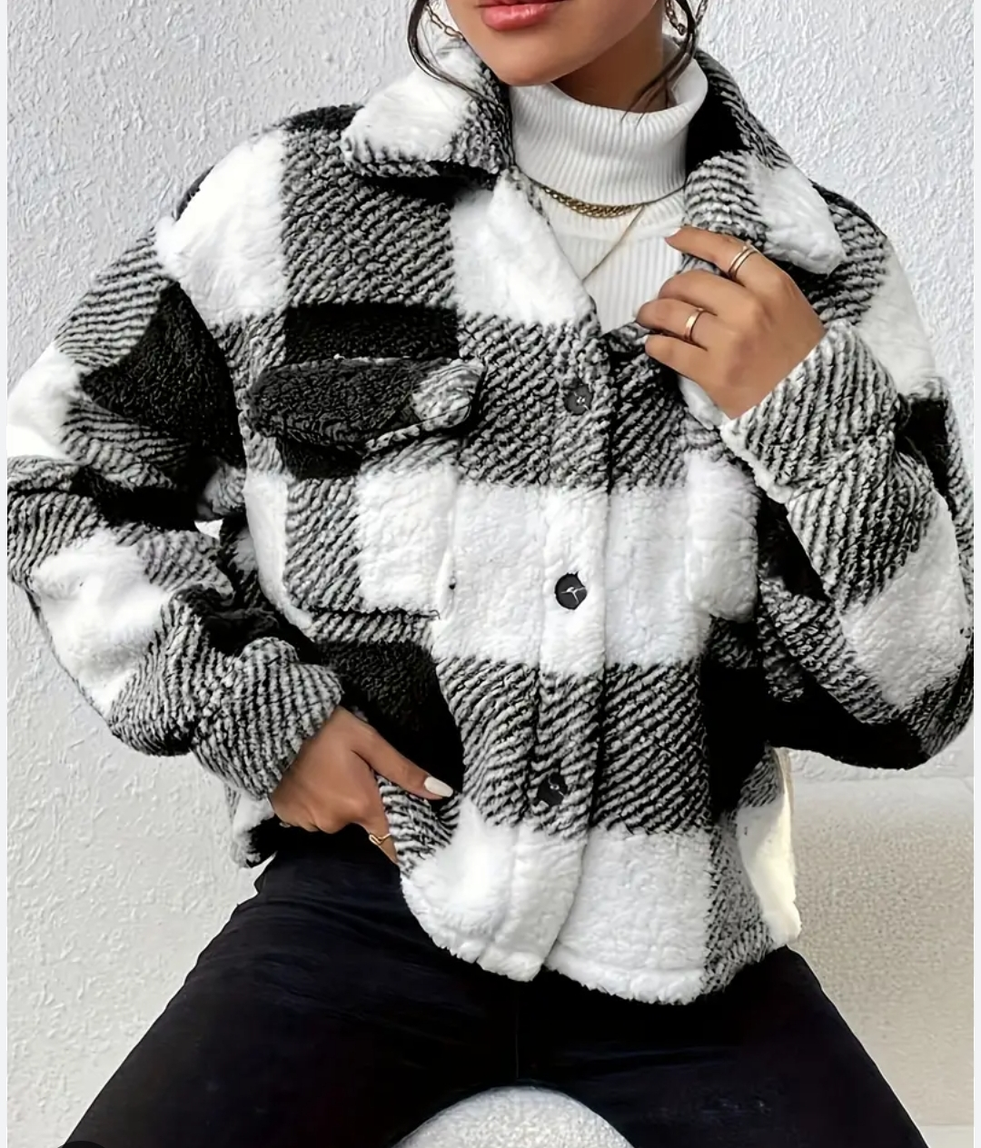 Black & White Plaid Fleece Shacket - photo 3