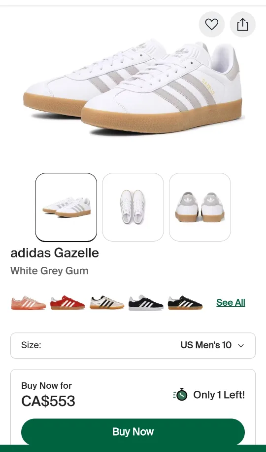 Adidas Gazelle White Grey - US Men's 10.5