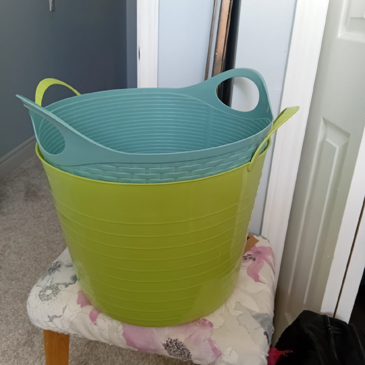 Two Plastic Laundry Baskets - Green & Blue
