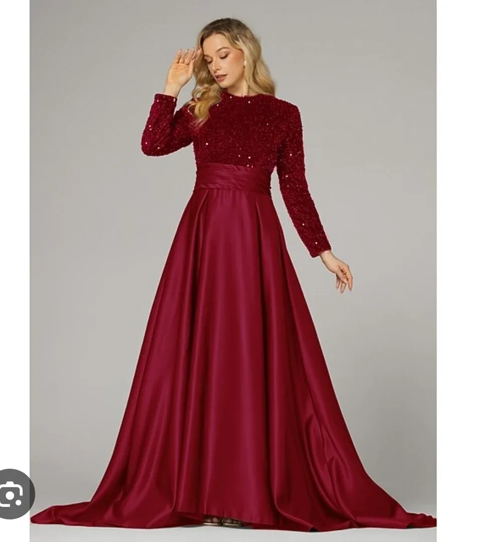 Burgundy A-Line Sequin Long Sleeve Gown image indicator(2)