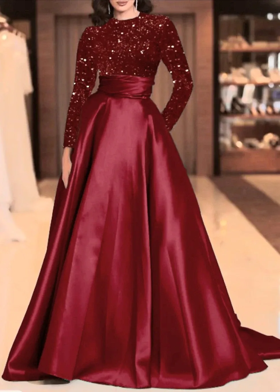 Burgundy A-Line Sequin Long Sleeve Gown image indicator(3)