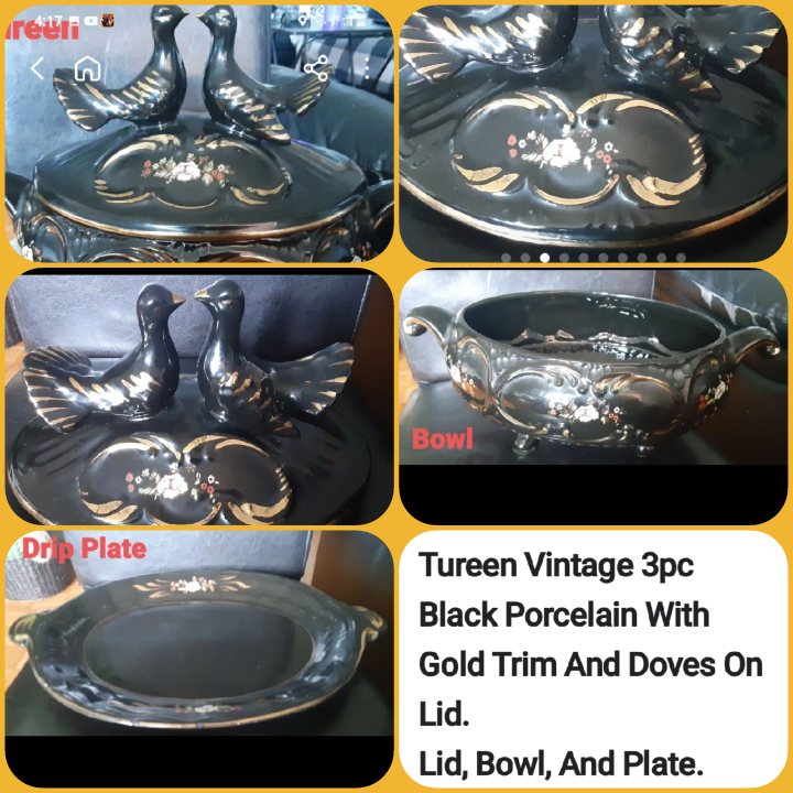 Vintage Black Porcelain Tureen with Gold Trim & Doves