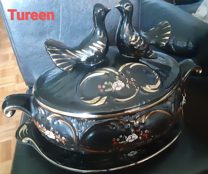 Vintage Black Porcelain Tureen with Gold Trim & Doves - photo 2