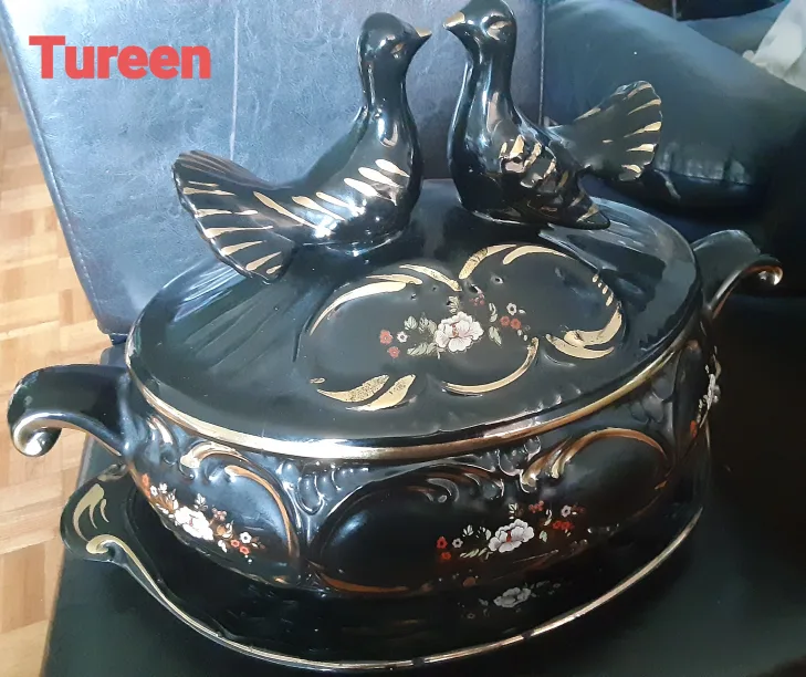 Vintage Black Porcelain Tureen with Gold Trim & Doves image indicator(2)