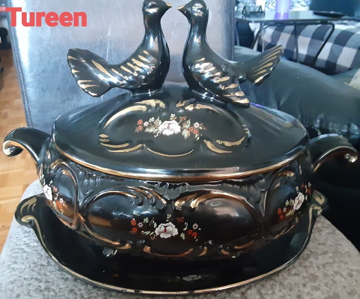Vintage Black Porcelain Tureen with Gold Trim & Doves - photo 5