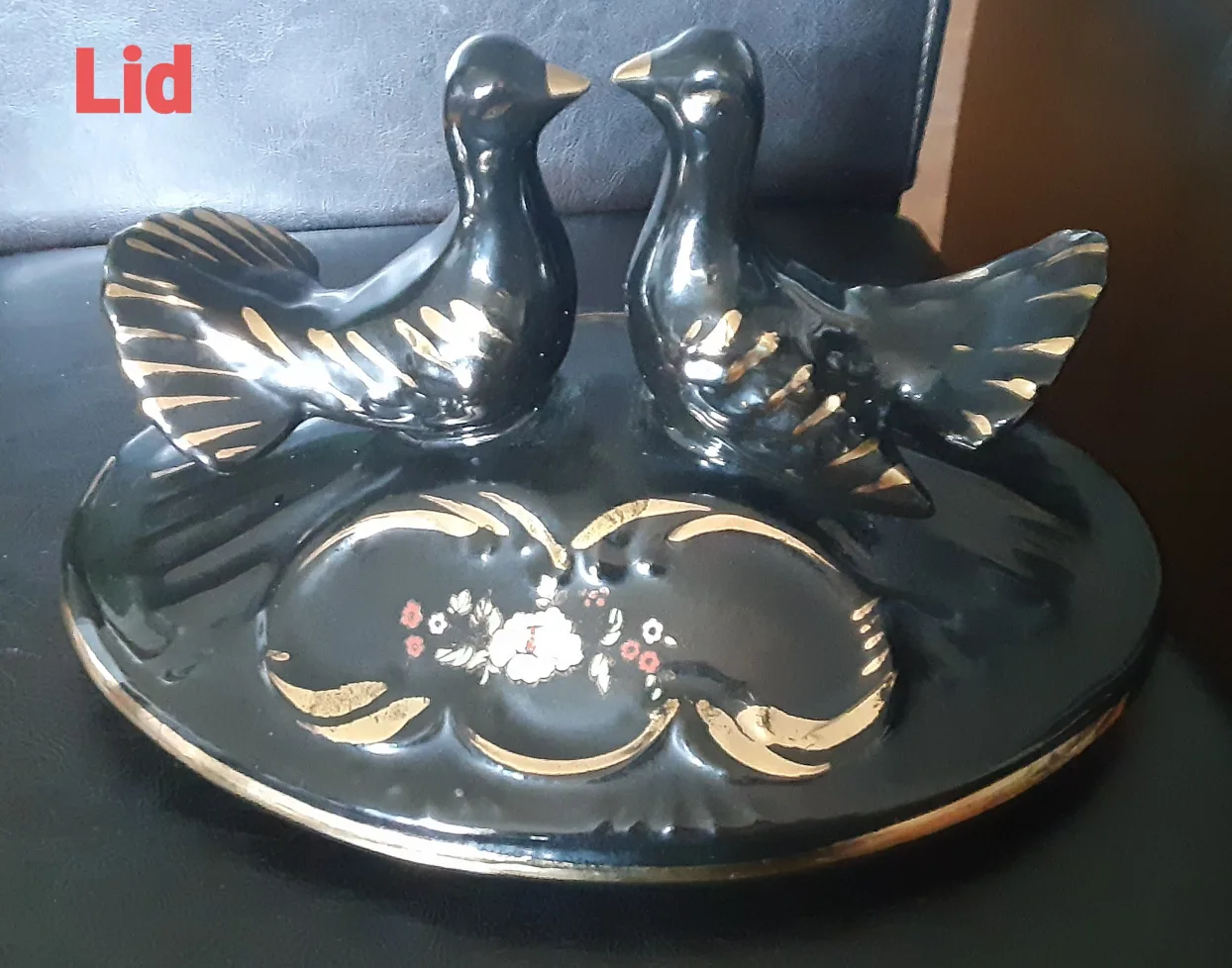 Vintage Black Porcelain Tureen with Gold Trim & Doves image indicator(6)