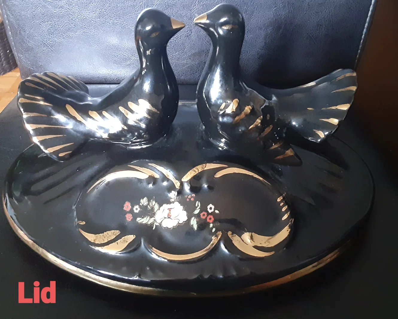 Vintage Black Porcelain Tureen with Gold Trim & Doves image indicator(10)