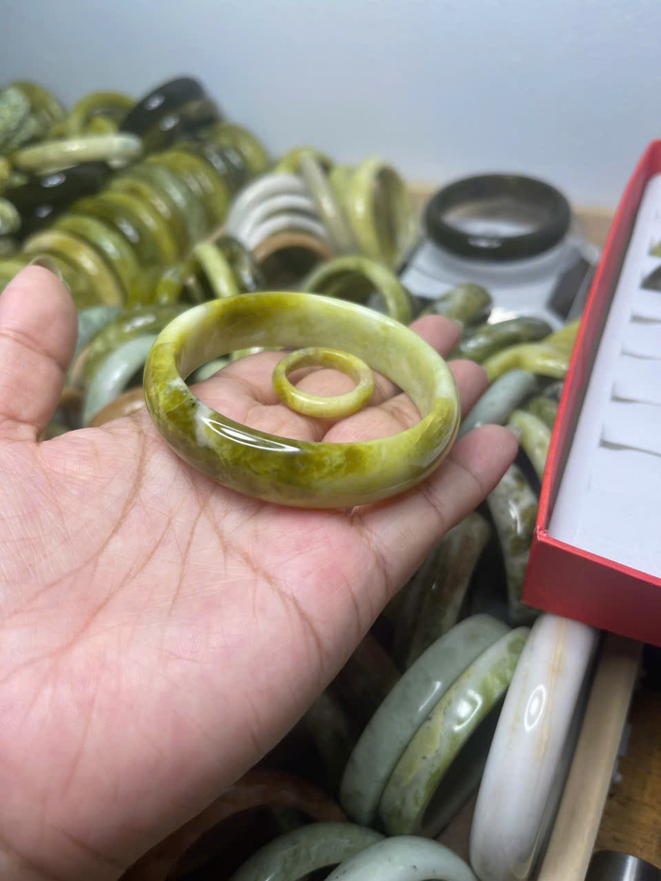 100% Natural Serpentine Jade Bangle and Ring Set - photo 2