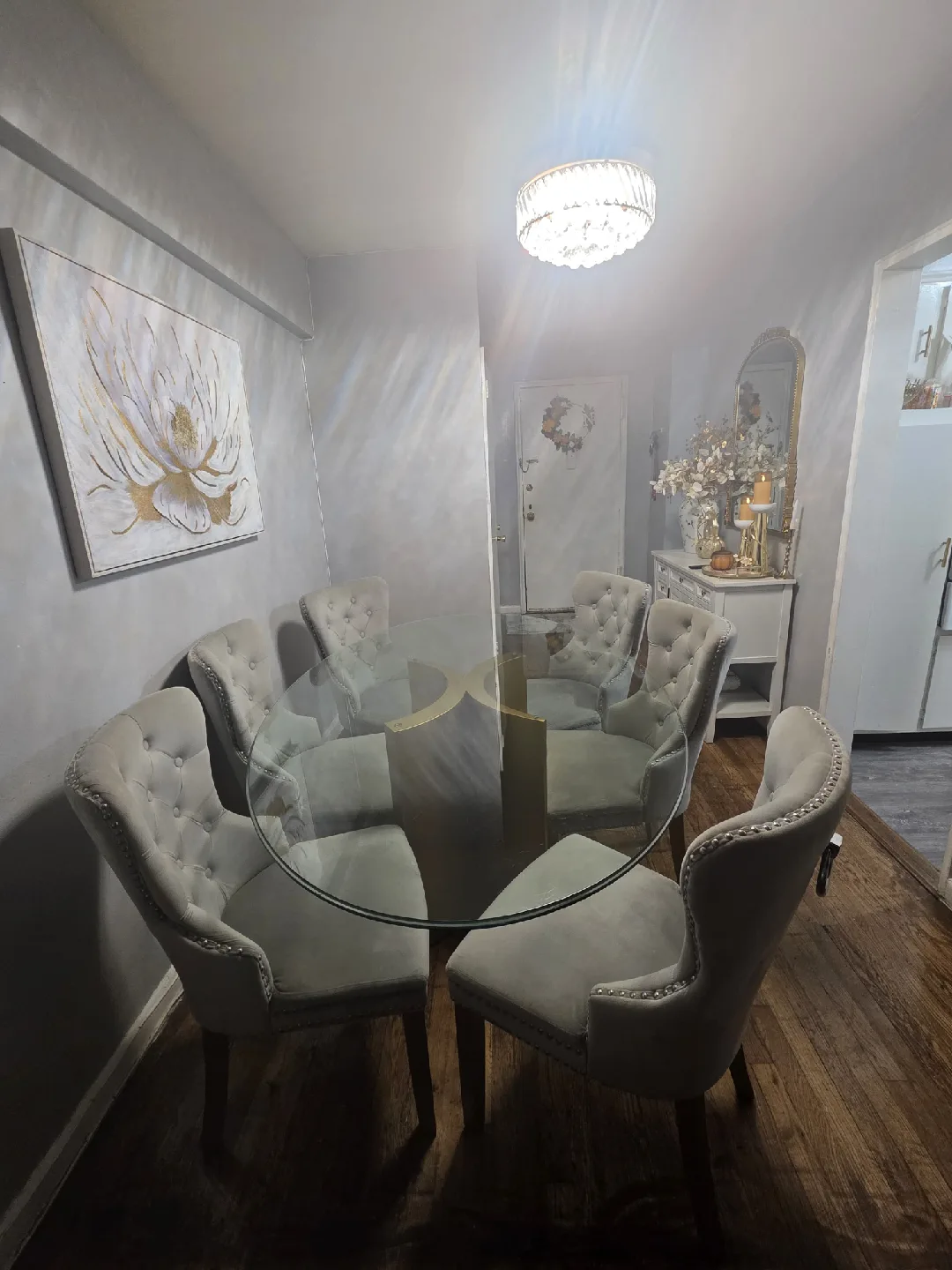 Glass Top Dining Table with 6 Upholstered Chairs image indicator(3)