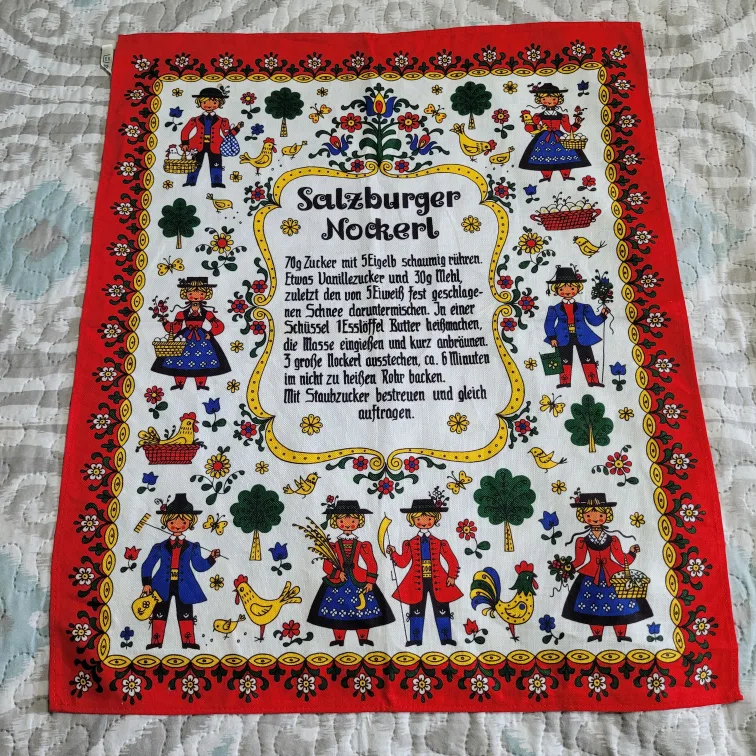 Vintage 23" x 19" Salzburger Nockerl Recipe Red  Tea Towel image indicator(2)