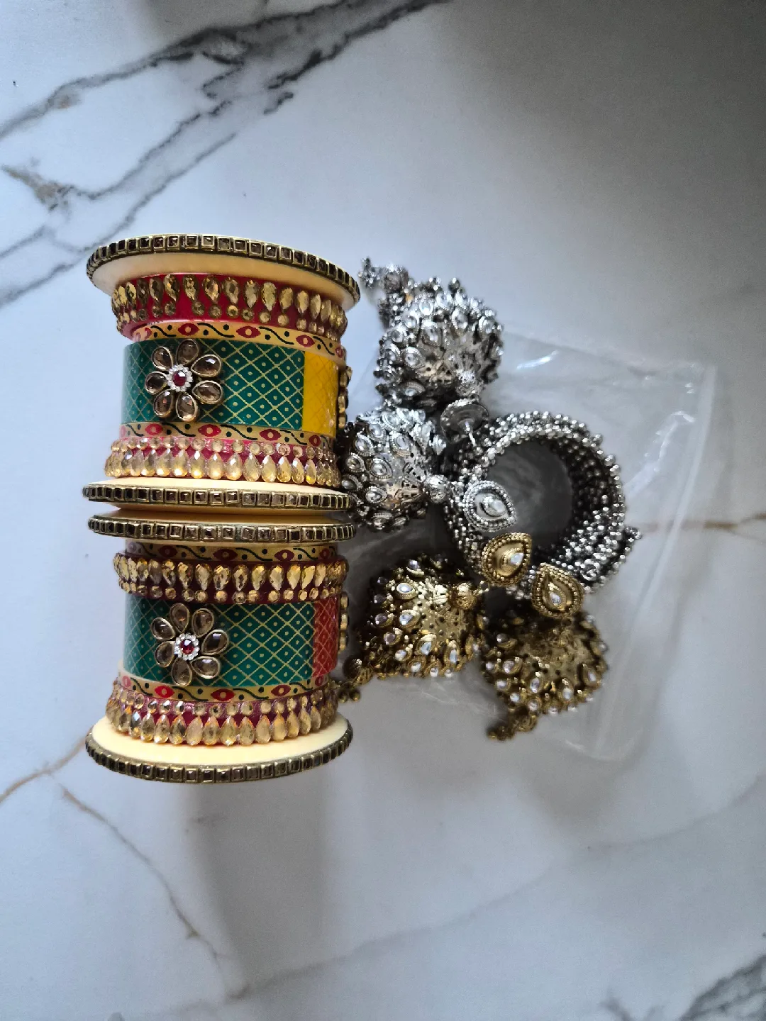 Gold Jhumka Earrings & Bangle Set