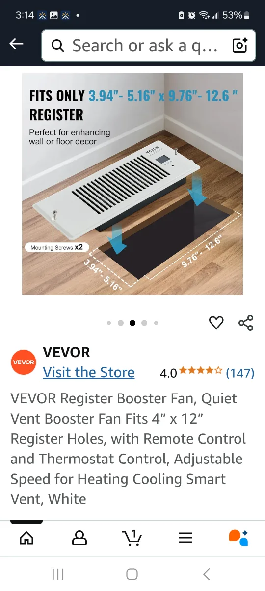 VEVOR Register Booster Fan - Quiet Vent Fan thumbnail