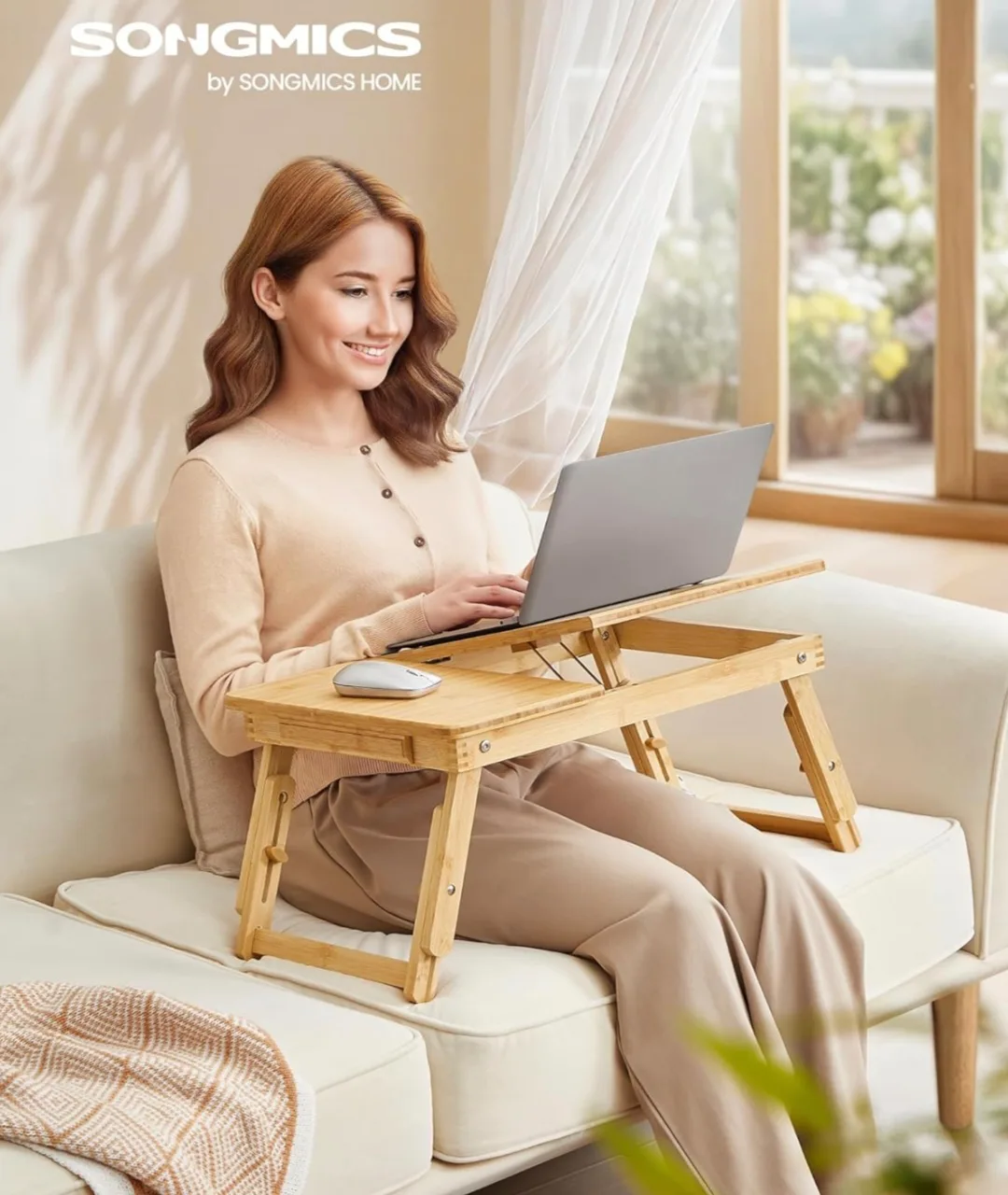 SONGMICS Bamboo Laptop Desk - Tilting Top & Folding Legs image indicator(7)