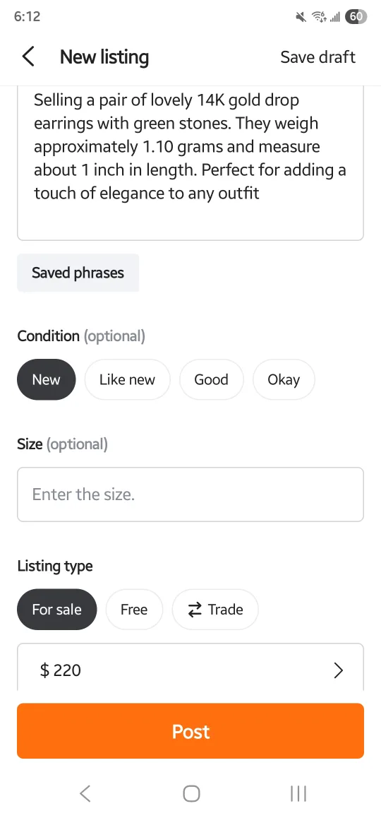 New 14K Gold Drop Earrings with Green Stones image indicator(4)