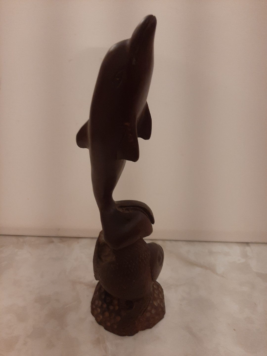 Wooden Dolphin and Gold Fish Figurine.