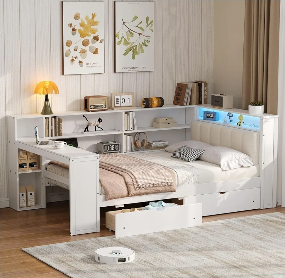NEW White Wood Frame Full Bed Frame with Desk and Storage space