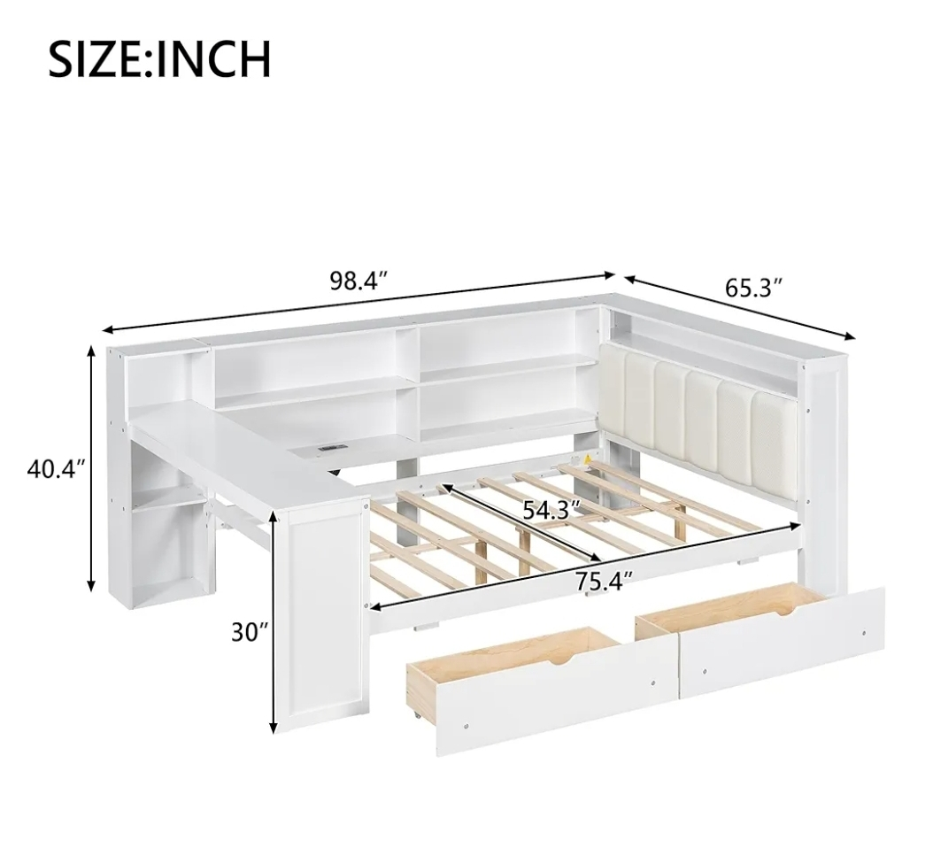NEW White Wood Frame Full Bed Frame with Desk and Storage space - photo 2