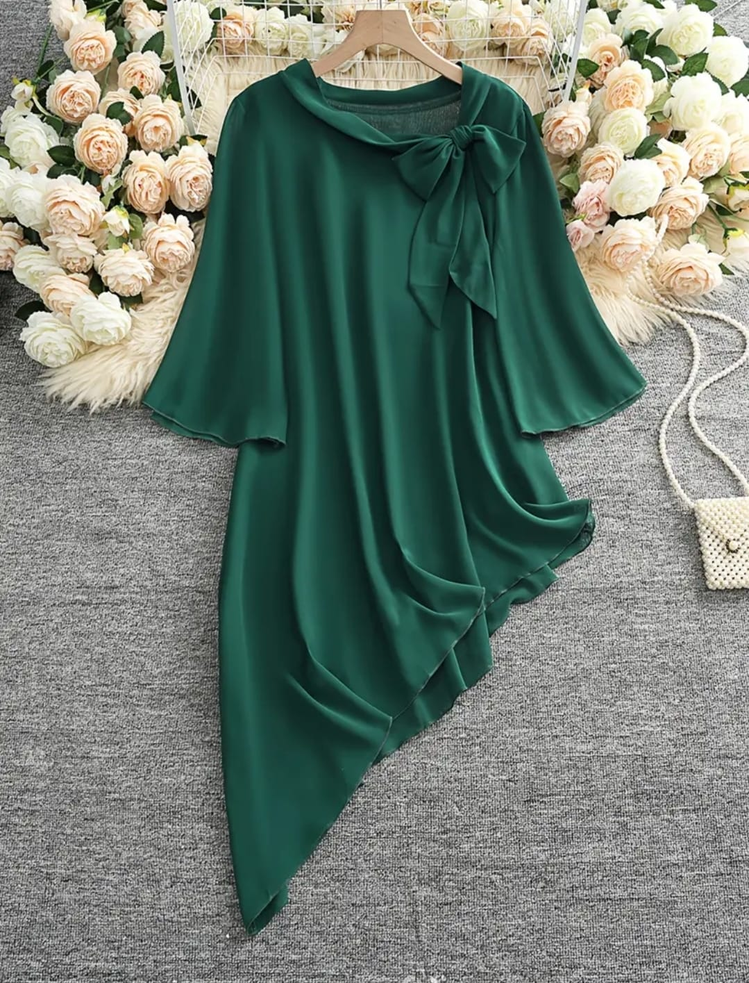 Green Bow Neck Asymmetrical Chiffon Top - photo 3