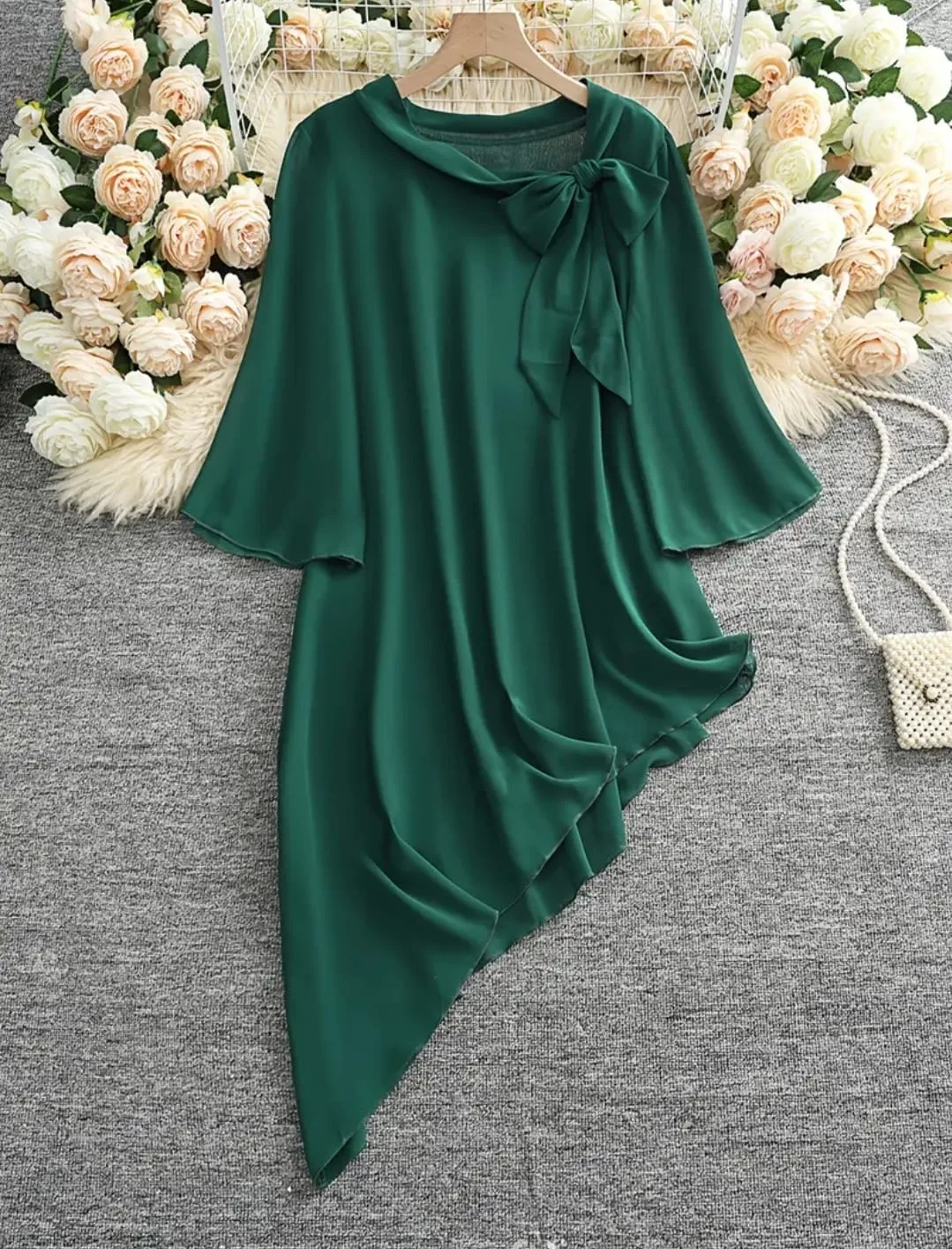 Green Bow Neck Asymmetrical Chiffon Top image indicator(3)