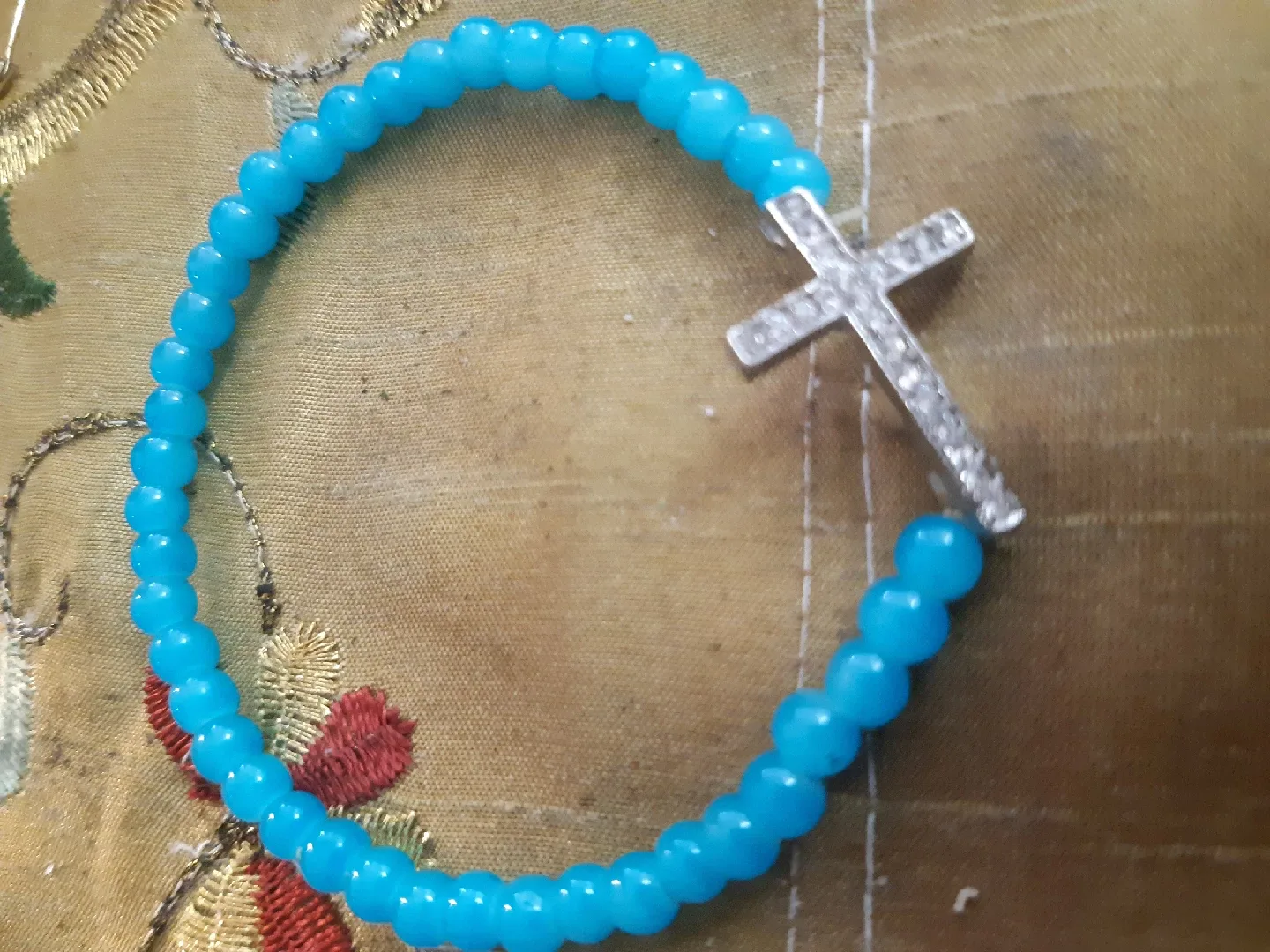 Blue Beaded Bracelet with Cross Charm thumbnail