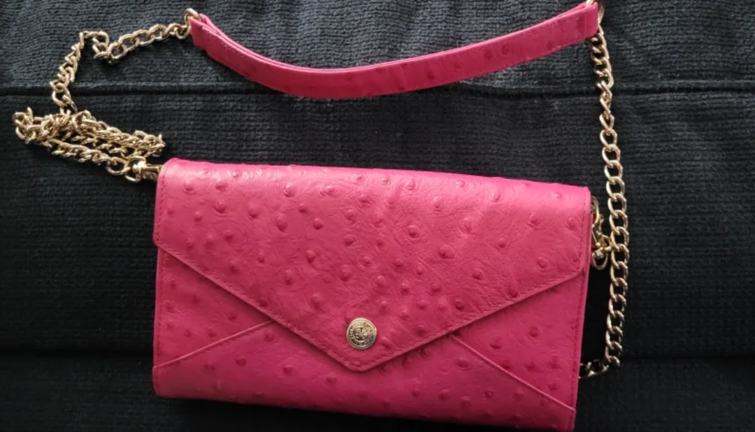Rebecca Minkoff Pink Ostrich Leather Wallet on Chain