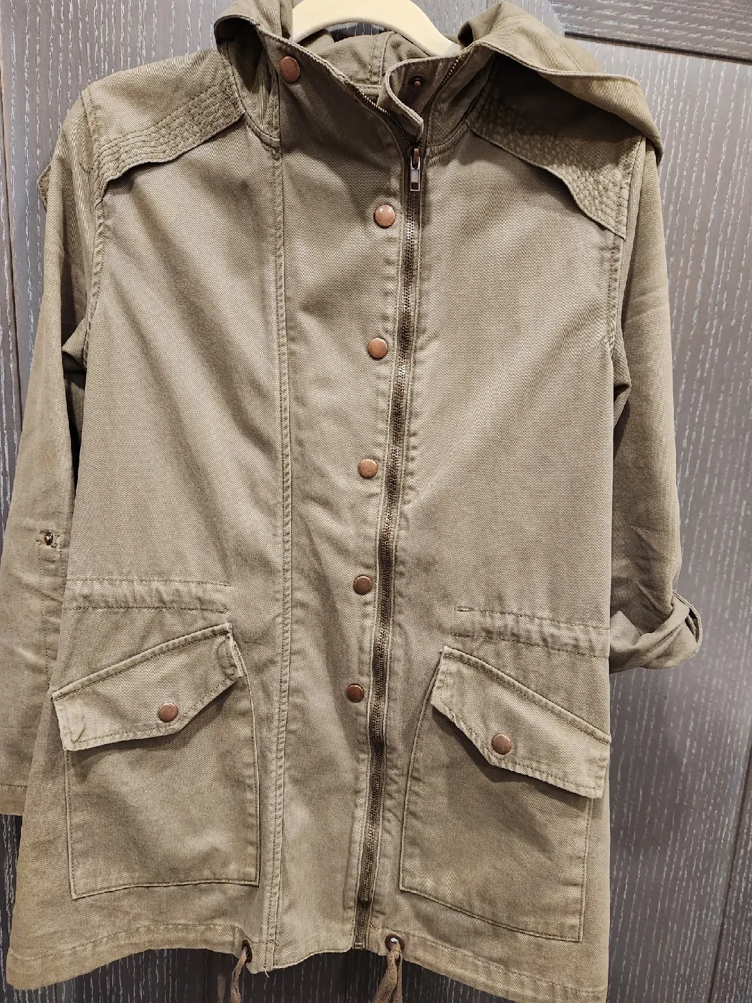 Forever 21 Olive Green Hooded Jacket - Size S thumbnail