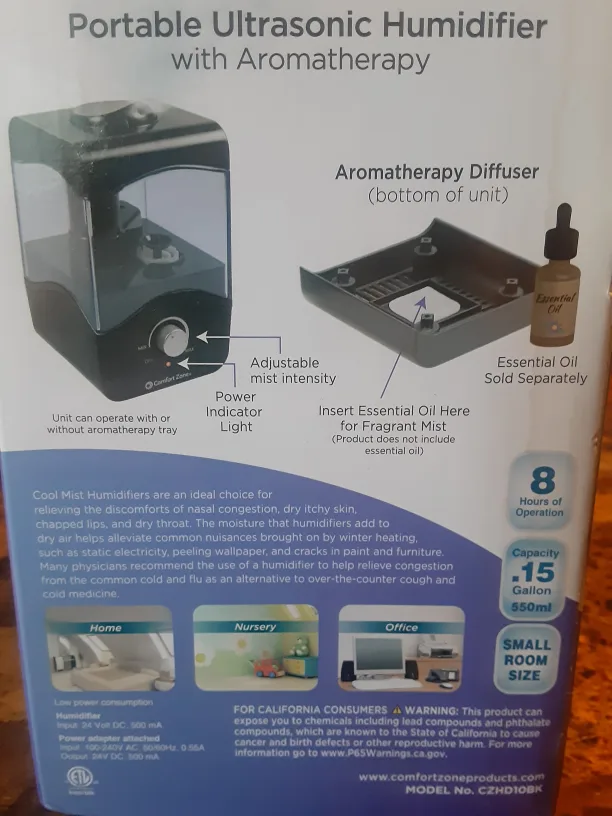 Comfort Zone Portable Ultrasonic Humidifier with Aromatherapy image indicator(8)