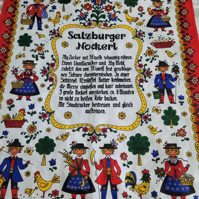 Vintage 23" x 19" Salzburger Nockerl Recipe Red  Tea Towel image indicator(9)