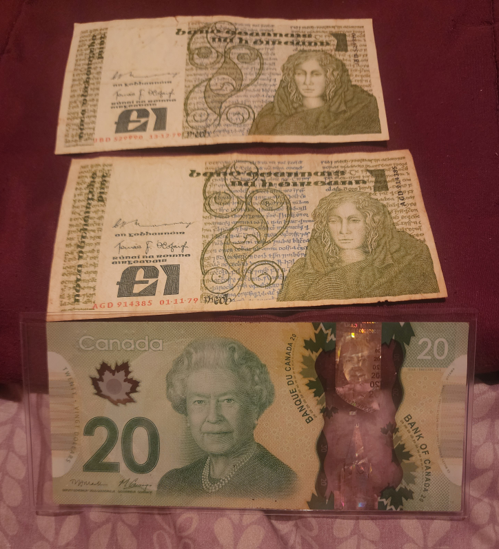 Old Bank of Ireland Note Canadian $20 Bill 2 postcards CASHONLY