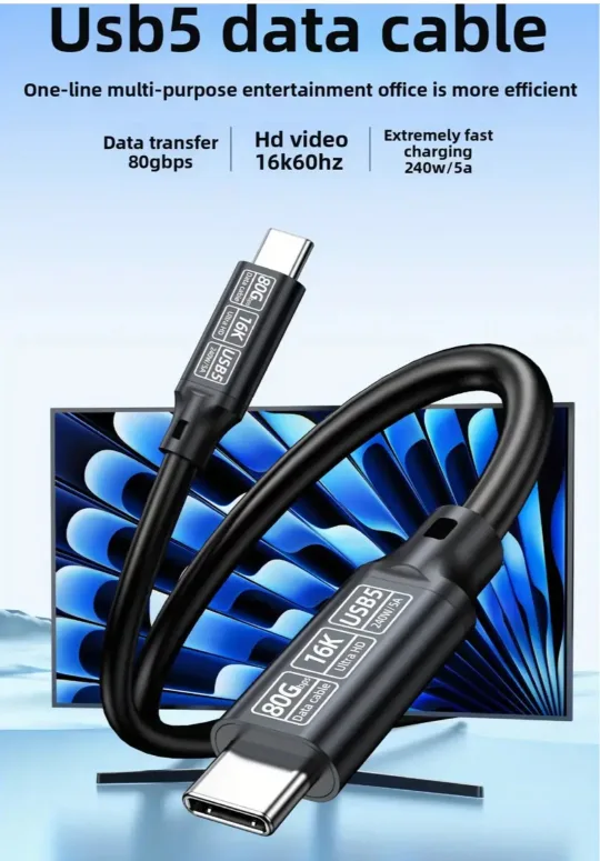 Thunderbolt 5, USB C, 1m Long, 16K, 80Gbps, 240W 5A image indicator(5)