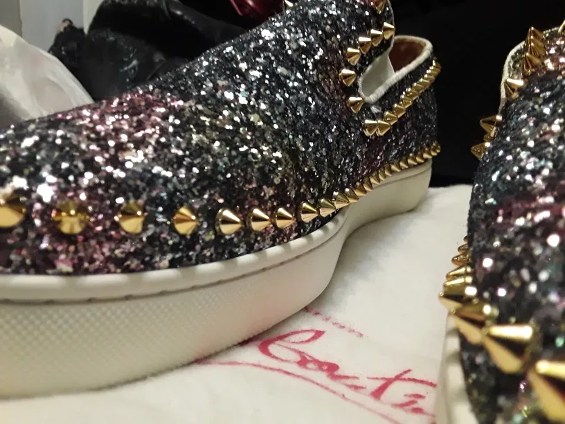 Christian Louboutin Glitter Spike Slip-On Sneakers, Size 43 image indicator(4)