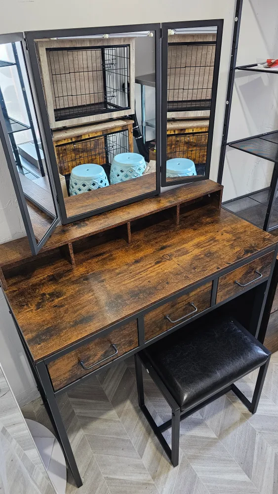 Vanity Makeup Table with Tri-Fold Mirror & Stool image indicator(3)