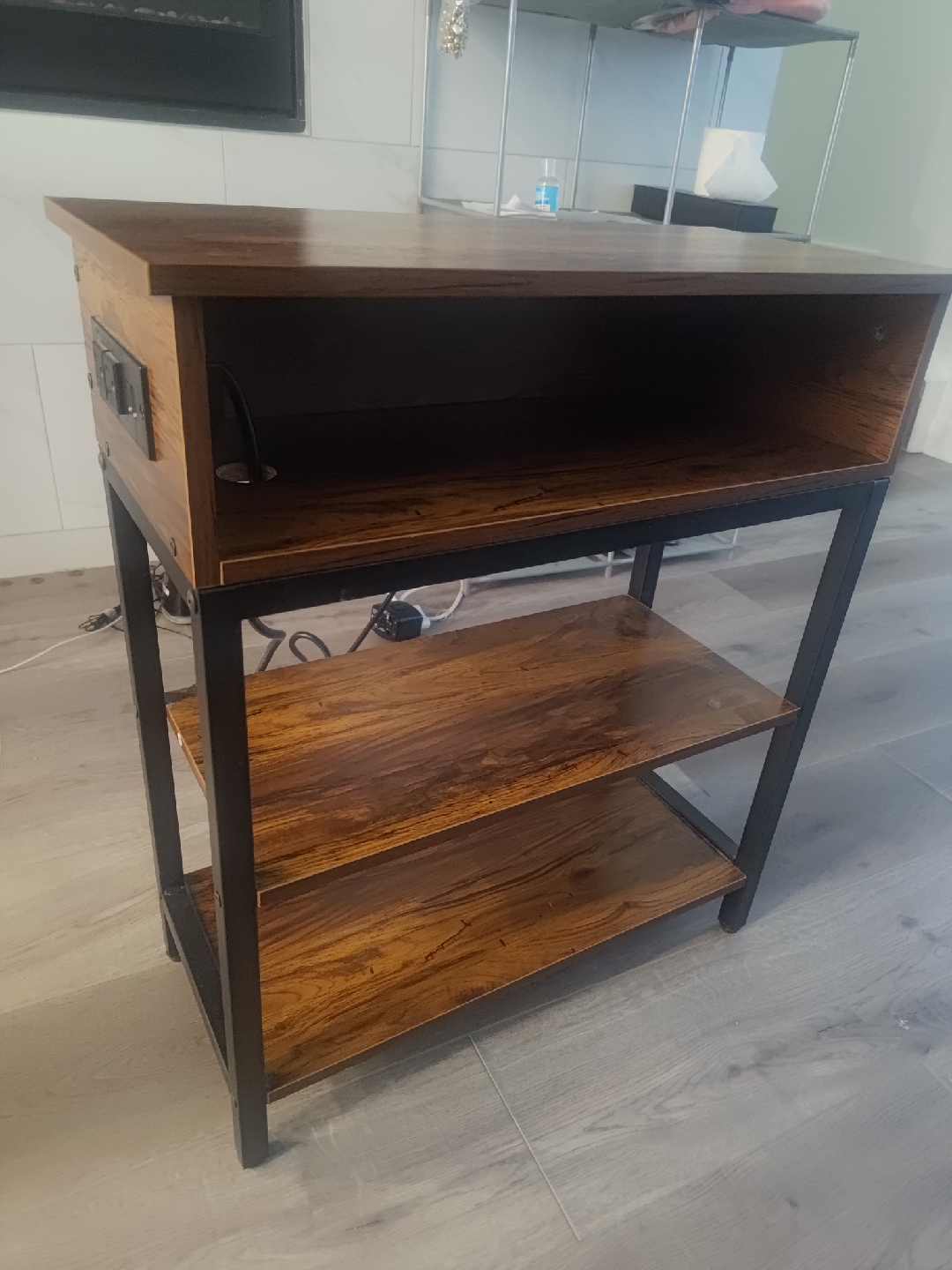 Brown Wood & Metal End Table with USB Ports