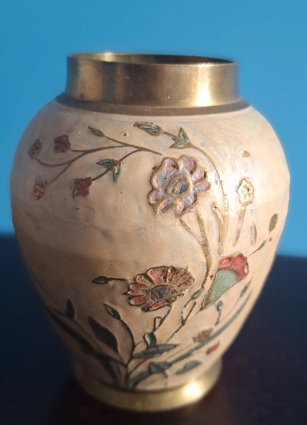 Vintage Brass with enamel  Floral Vase and Plate Set - photo 3