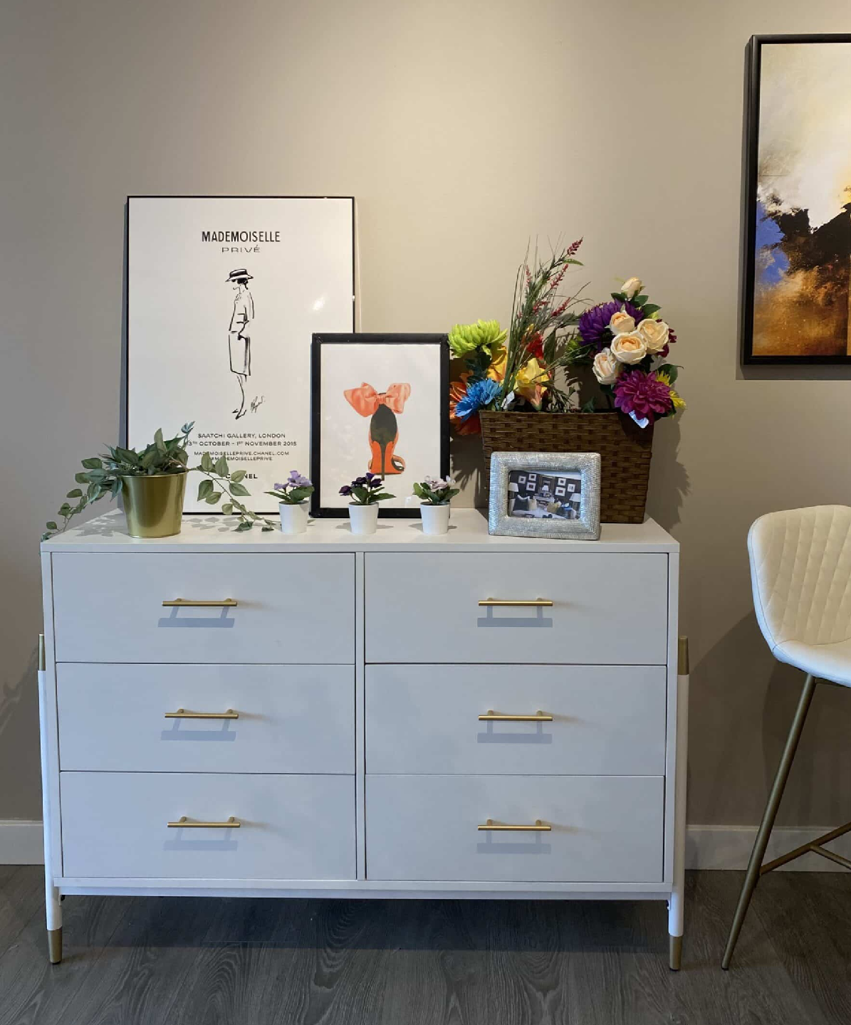 White 6-Drawer Dresser with Gold Accents