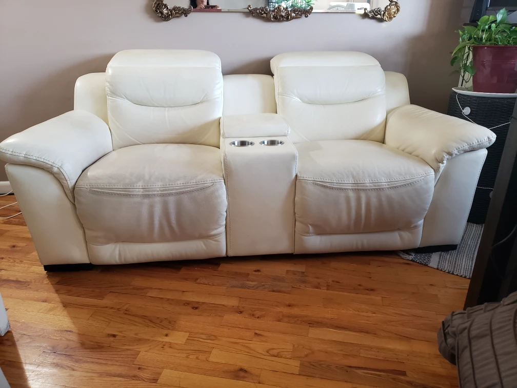 White Leather Loveseat Recliner w/ Console.