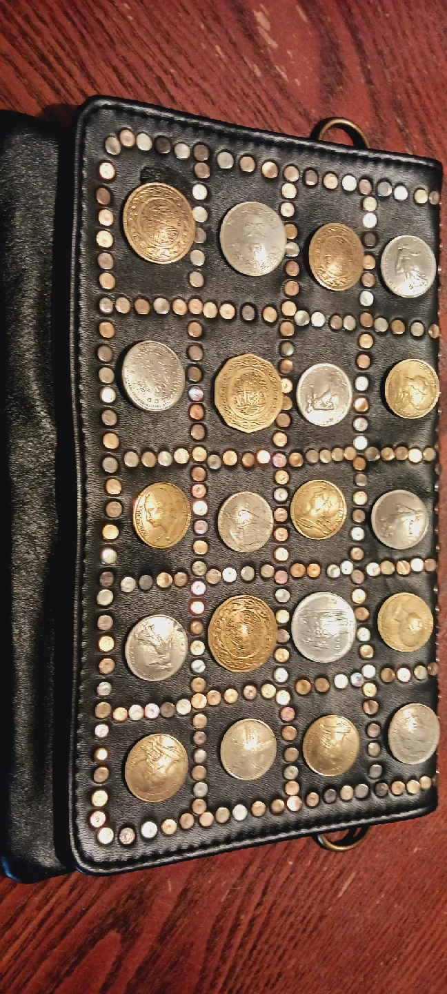 Coins  Adorned Black Genuine Leather Clutch thumbnail