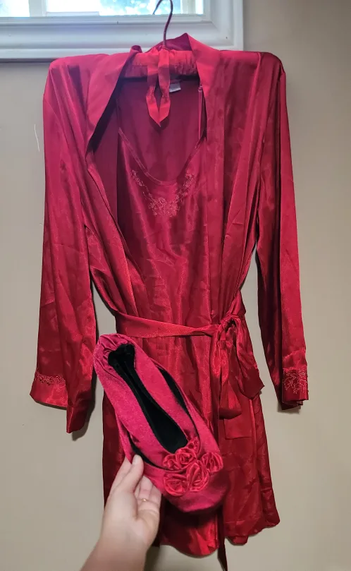 Red Satin Robe & Slippers Set
