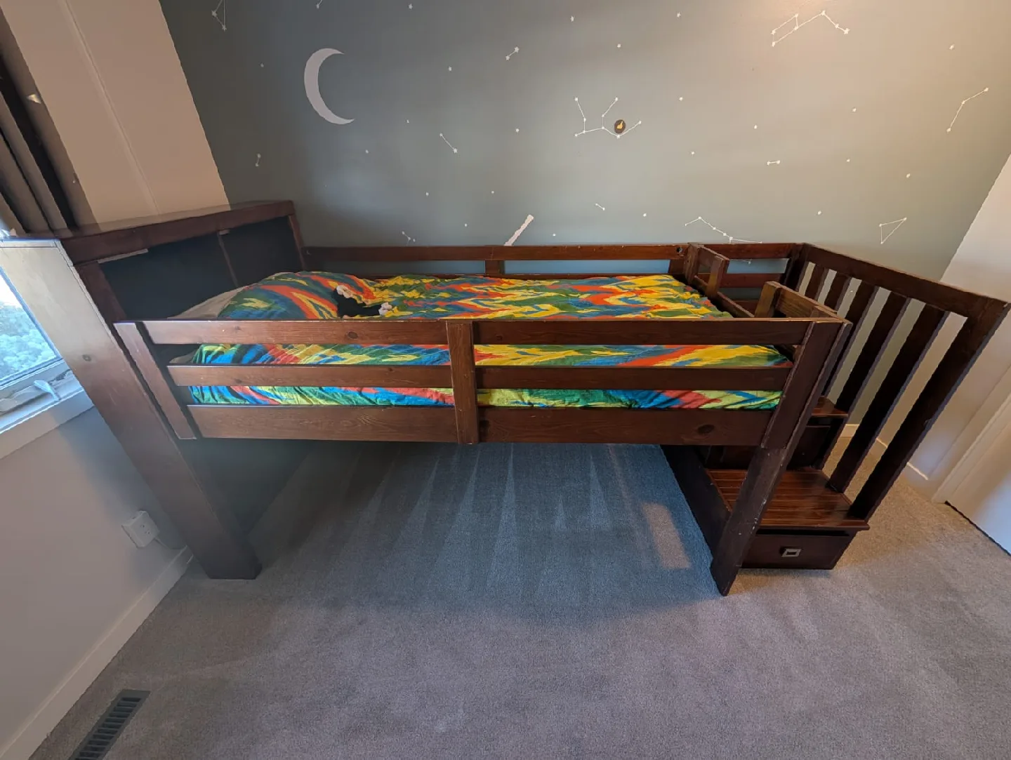 Brown Wood Loft Bed with Stairs