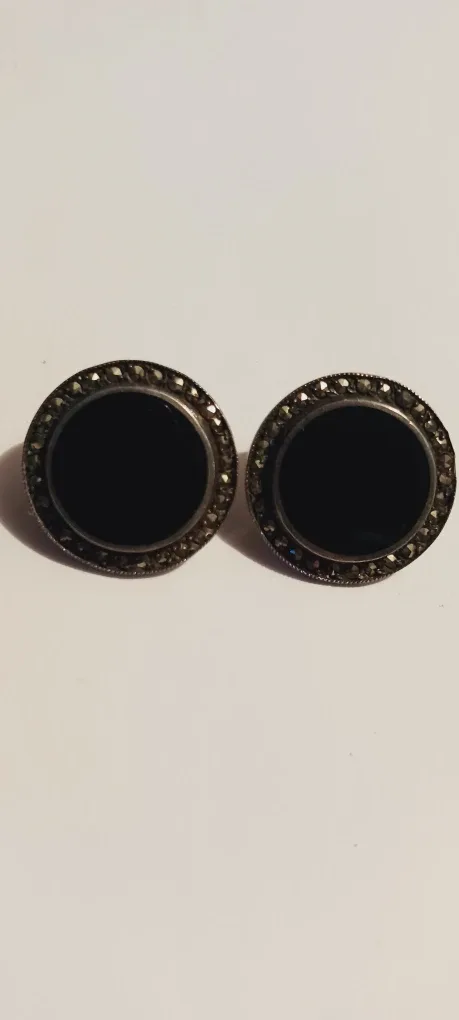 Vintage Onyx Marcasite Sterling Silver Earrings thumbnail