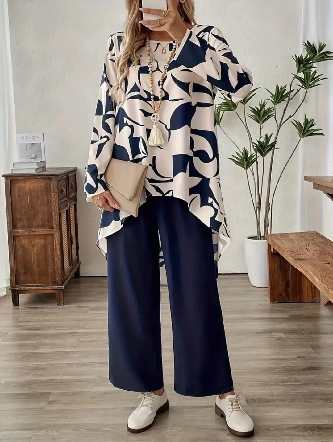 Patterned Long Sleeve Top & Wide Leg Pants Set image indicator(2)