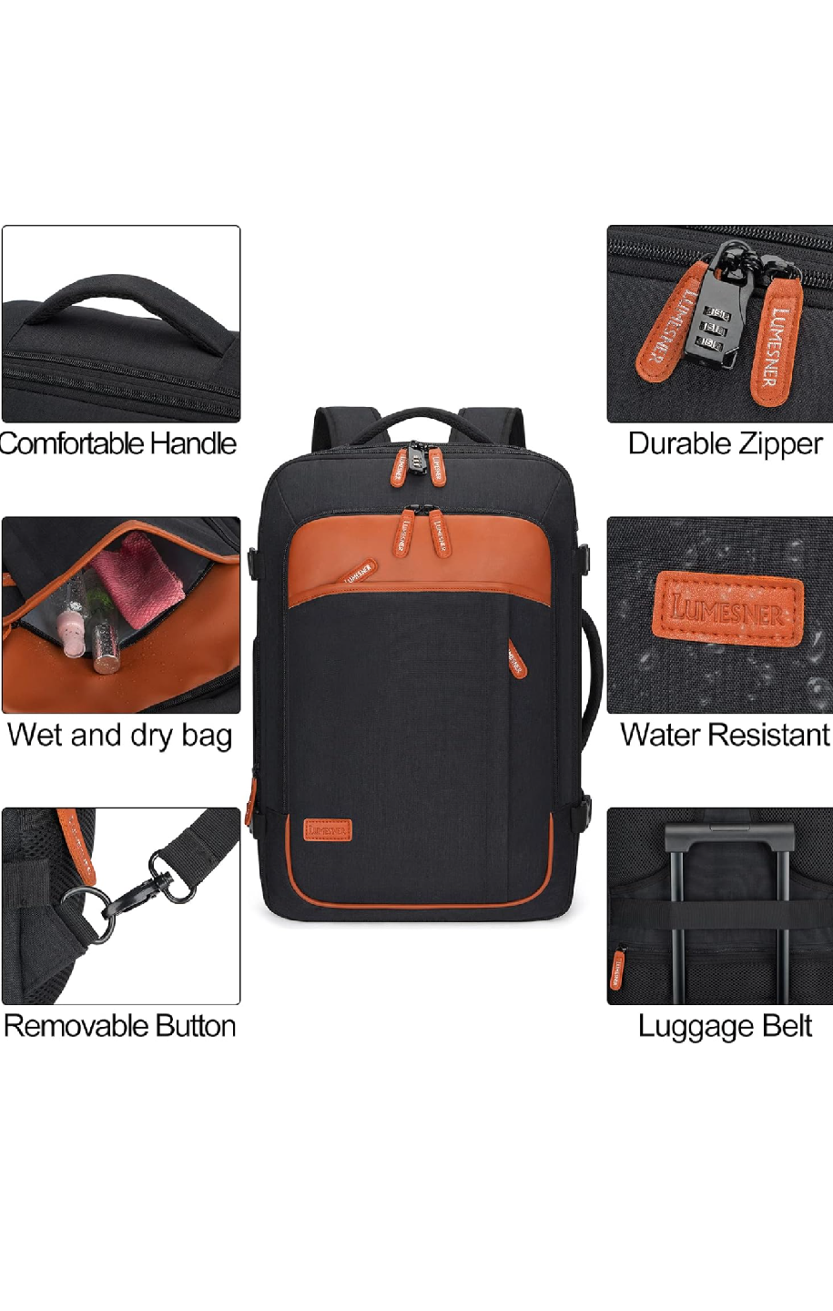 Lumesner Carry-on Travel Backpack - Black & Brown