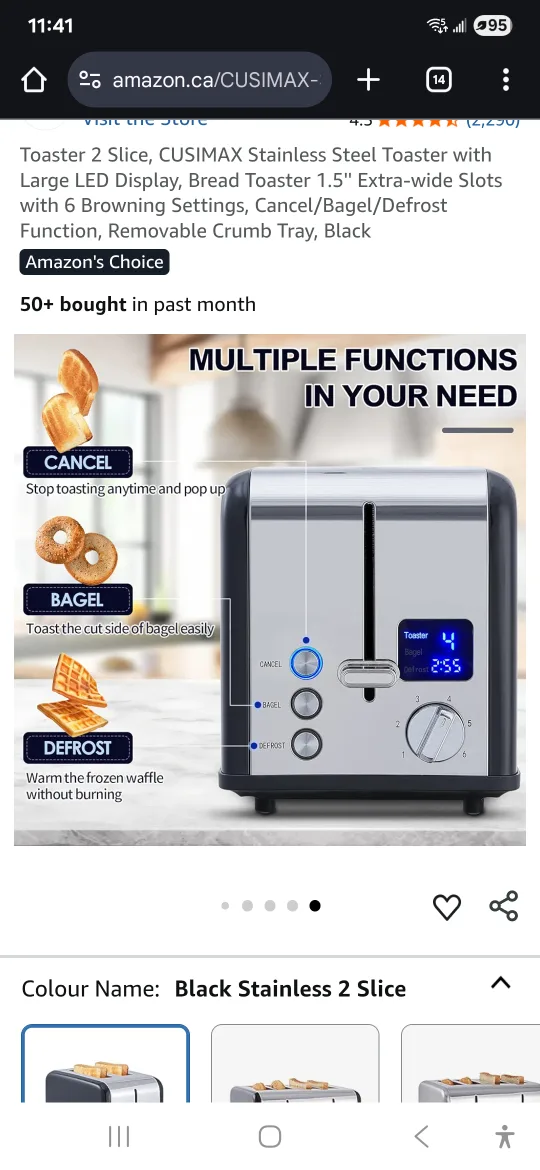 CUSIMAX 2 Slice Toaster - Black Stainless Steel, new thumbnail