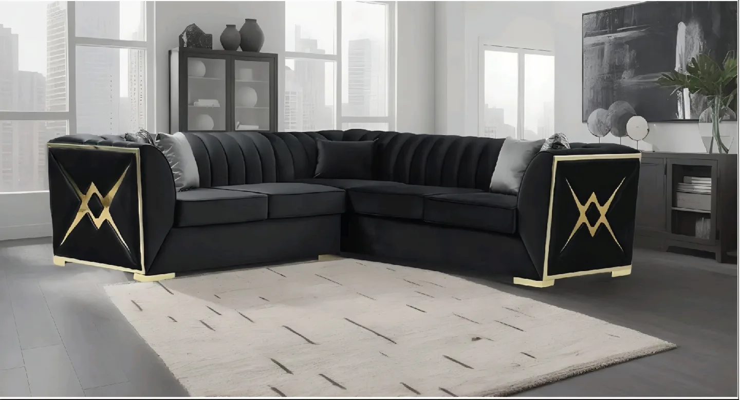Black Sectional Sofa with Gold Accents