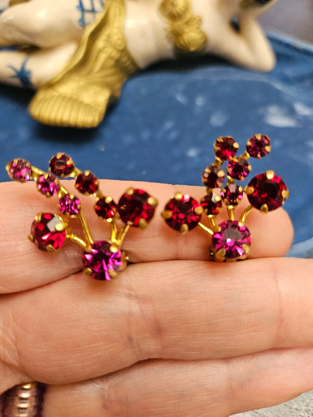 Vintage Made Austria Gold Tone & Red Rhinestone Earrings image indicator(2)