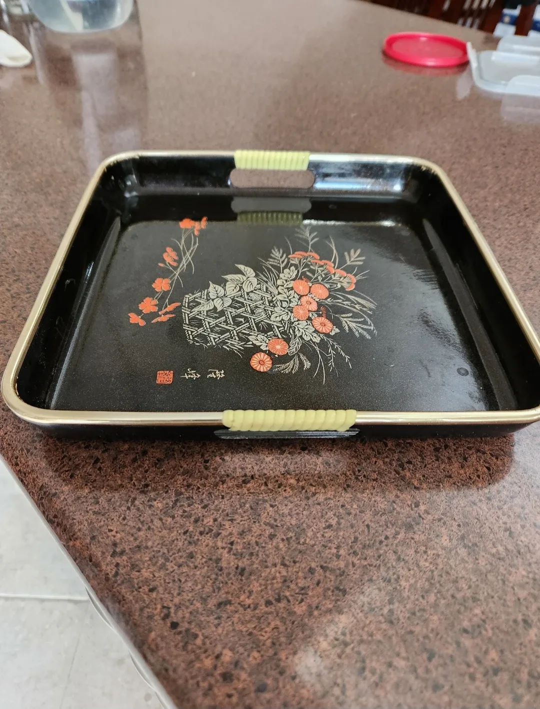 Vintage Black Serving Tray with Floral Design